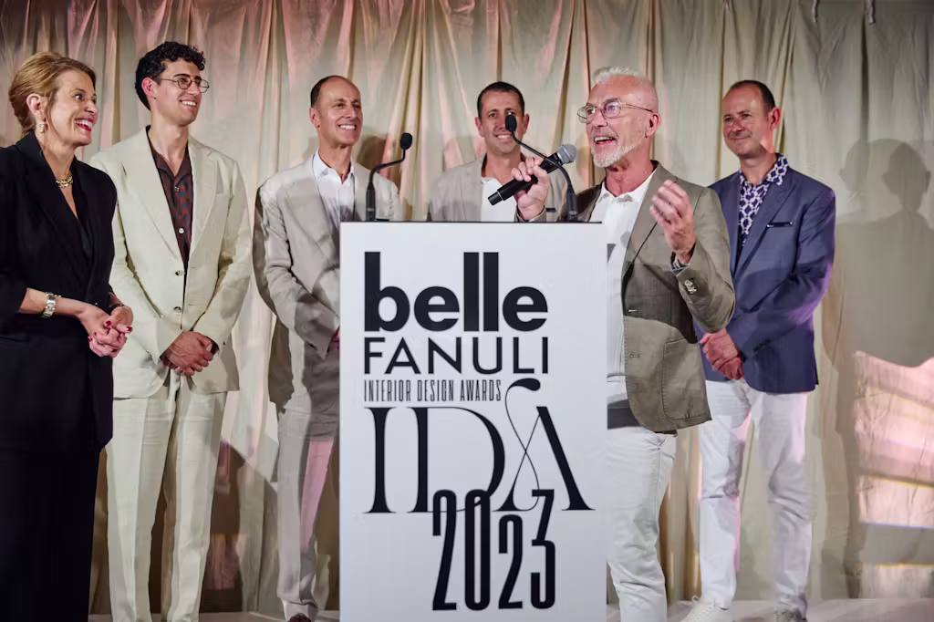 Andrew Parr accepting his Hall of Fame Award at the Belle Fanuli Interior Design Awards 2023. Photography Esteban La Tessa