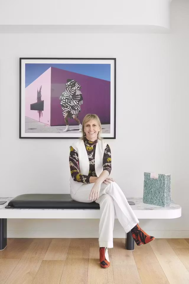 Mardi pictured at Maivern Residence with artwork by Gerwyn Davies. Photography Tim O’Connor.